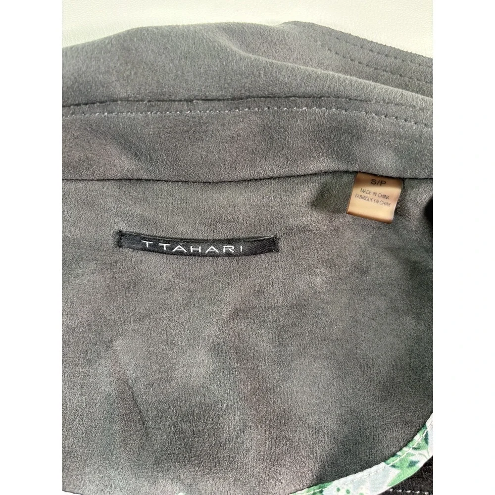 TAHARI Faux Leather Suede Jacket Women's‎ Small Grey Long Sleeve Coat Open